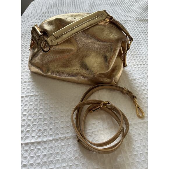 Sandro Gold Leather Puffy Crossbody Clutch Travel Cosmetic - Picture 3 of 16